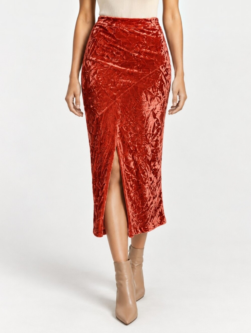 Anthropologie Maeve Crushed Velvet Midi Skirt Burnt Orange Slit Whimsigoth M
